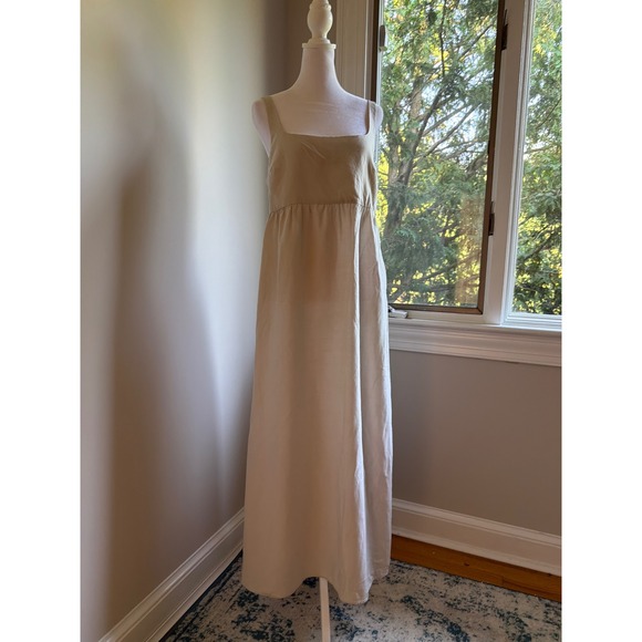 Zara Dresses & Skirts - Zara Womens Beige Linen Blend Square Neck Smocked Back Maxi Dress Size M